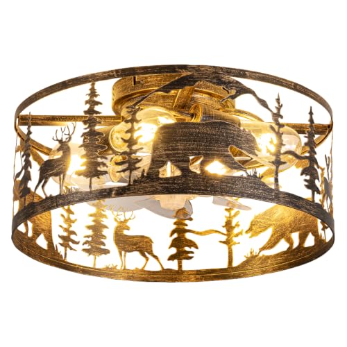Farmhouse Caged Ceiling Fans with Lights and Remote Control,Rustic Gold Black Chandelier Fan with Bear Deer Design,Vintage Round Fandelier for Bedroom,Dining Room,Nursery - color: Distressed Gold with Black