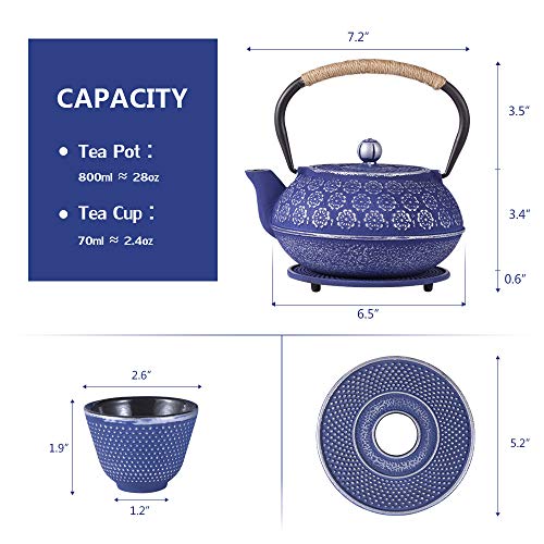 Ufine Blue Floral Cast Iron Teapot Set 28 oz Tea Kettle with 4 Cups, Trivet - color: Blue Floral