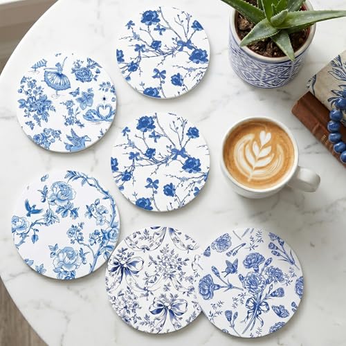 Blue and White Coasters Set of 6, Blue White Floral Ceramic Coasters with Holder Cork Base, Drink Absorbent Coffee Table Protection Home Decor, Christmas Housewarming Gifts - color: Blue White Flower