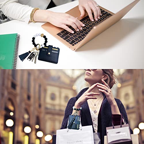 Keychain Wallet Wristlet Small Credit Card Holder Bracelet Key Chain Purse Bangle Tassel Beads Key Rings for Women - color: 01-black a