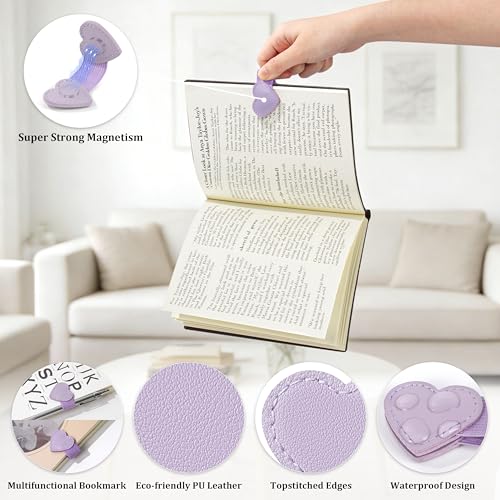 2Pcs Magnetic Leather Bookmarks with Pen Holder Gift Box, Heart-Shaped Magnetic Book Marks for Book Lover Readers Cute Leather Bookmark for Women Girls (Purple) - color: Purple