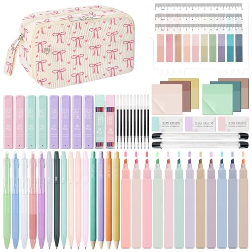WOBAGMEN 62PCS Aesthetic School Supplies with Corduroy Pencil Case, Pastel Highlighters Gel Pens Mechanical Pencils, Cute College Essentials Set (Bow Heart) - color: Bow Heart