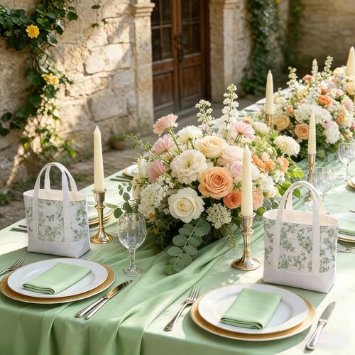 6 Pcs Mini Floral Bow Tote Bags for Women White Canvas Tote Bag Bulk Reusable Coquette Bags for Wedding Party Favor - color: Green Floral