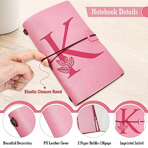 Personalized Journal Gift-Pink Initial Leather Journal+Heart Diamond Pen Set,Travel Notebook Diary Gifts,Refillable Notepads,Christmas,Birthday Gifts for Women Girls (7.9"x4.7") (K) - style: K