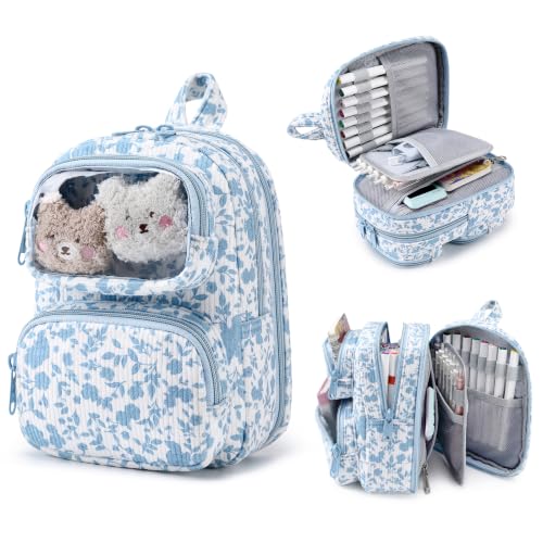 Cute Pencil Case, Soft Corduroy Pencil Pouch, Large Capacity Pencil Bag, Mini Backpack Aesthetic Pen Organizer for Stationery for Students Teen Girls Women, Blue Floral - color: Blue Floral