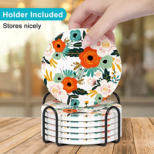Coasters for Drinks, Set of 6 Cute Absorbent Ceramic Drink Coasters - color: Flower Illustration 01