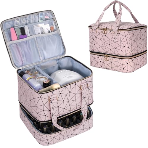 Uross Nail Polish Organizer Bag Holds 42 Bottles Nail Polish & Nail Lamp, Gel Nail Polish Organizers and Storage box for Nail Tech, Nail Kit Supplies Organizer Case - Lightpink - color: Lightpink, size: Large - 11 x 9.5 x 9.5 inch (42 bottles)