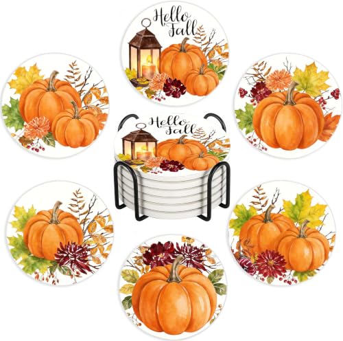 Nikyi 6 Pcs Fall Orange Pumpkin Ceramic Absorbent Coasters, Round Drink Coaster with Metal Holder and Cork Base, for Coffee Table Kitchen Bedroom Living Office Autumn Home Decor or Gifts - color: Fall Orange Pumpkin