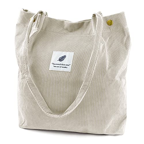 Ayieyill Corduroy Tote Bag for Women Canvas Shoulder Cord Purse with Inner Pocket - color: Beige