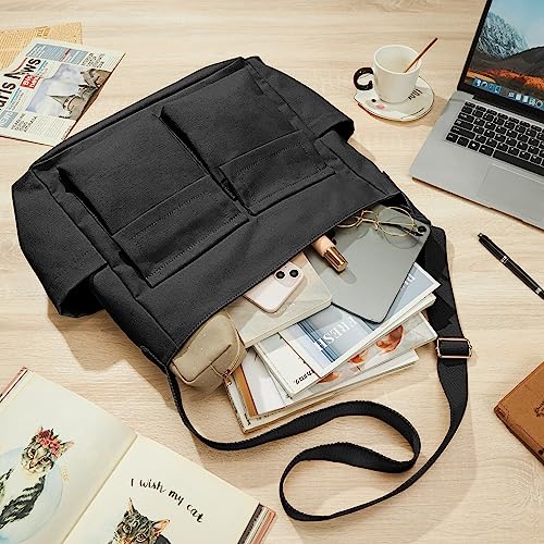 KALIDI Canvas Tote Bag Zipper Large Crossbody Shoulder Bag Messenger Bag - color: Upgraded Black