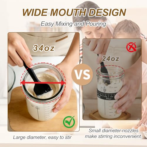 Sourdough Starter Jar Kit, 34oz Wide Mouth Sourdough Starter Jar - Date Marked Feeding Band, Thermometer, Spatula, Cloth Cover & Lid, Bread Baking Supplies for Beginners