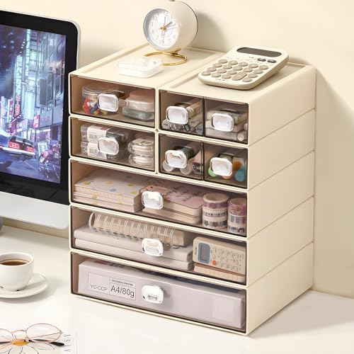 Desktop Storage Drawers, Plastic Countertop Printer Paper Organizer - color: 2 Large Drawers, Cream