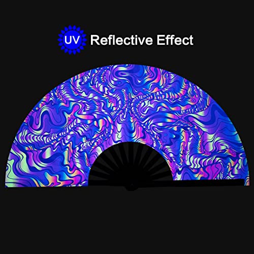UV Glow Rave Fan, Bamboo Folding Clack Hand Fans Foldable for Men Women, Poping Fan for EDM Festival Line Dance Decoration, (Waves-2, Medium 11") - color: Waves-2, size: Medium 11"