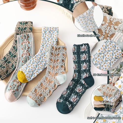 5/6 Pair Crew Socks for Women Floral Socks - color: Green, Blue, Brown Argyle Floral