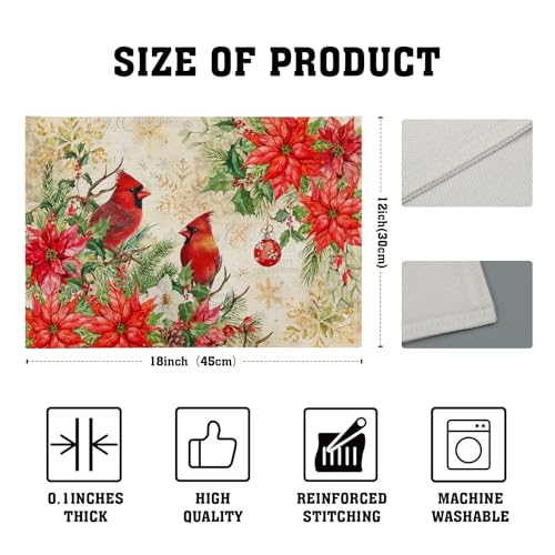 Winter Red Birds Placemats Set of 4 Xmas Holly Berry Pine Cones Place Mat for Kitchen Dining Decor 12 x 18 Inch Watercolor Poinsettias Linen Fabric Table Mats for Home Holiday Seasonal Party - color: Xmas Bird