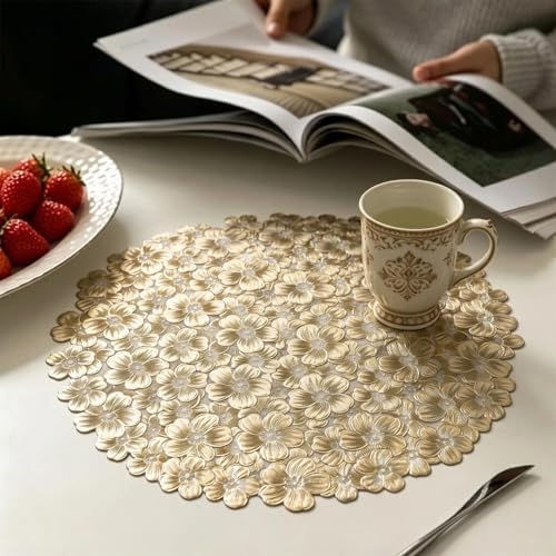 Quantum Love Gold Balloon Flower Round Placemats Set of 6, 3D Vinyl Metallic Platycodon Flower 15 Inch Table Mats, Wipeable Waterproof Non Slip Placemat for Wedding Christmas Party Dining Table Decor - color: Gold Balloon Flower