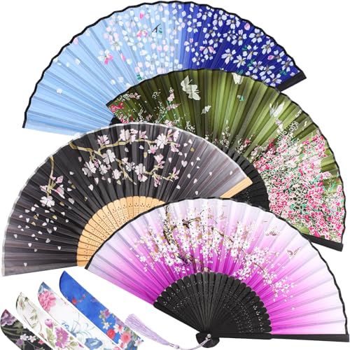 Zonon 4 Pack Hand Held Folding Fans for Women Silk,Elegant - style: Elegant