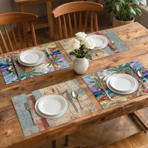 Beach Lighthouse Table Placemats Set of 4 Place Mats Linen Wipeable Placemats Waterproof Rectangle Table Mat for Kitchen Dining Dinner 18 X 12 Inch - color: Beach Lighthouse