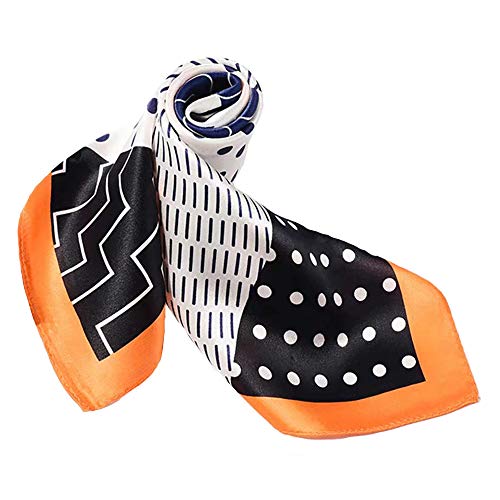 ANDANTINO 100% Mulberry Silk Scarf -21” Square Neckerchief with Gift Packed - color: Black& Orange Geometric
