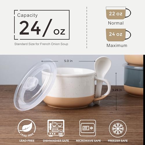 GBhome Ceramic Soup Mugs with Handles and Lids,24 OZ Soup Cups Set of 2 - color: White &Peach