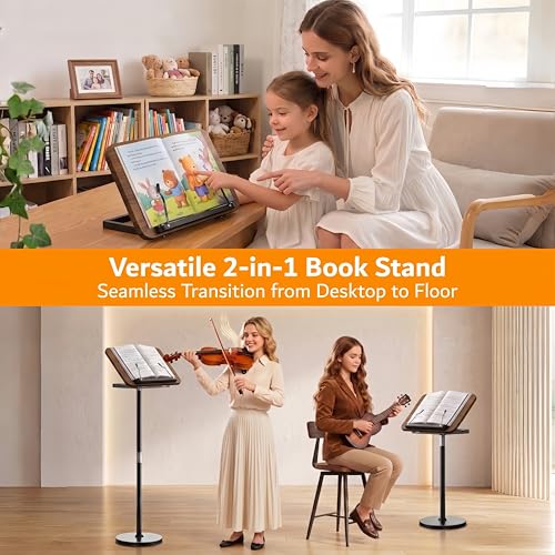 2-in-1 Floor & Desktop Book Stand with Large 16.5"x11.8" Wood Panel - color: Walnut Finish