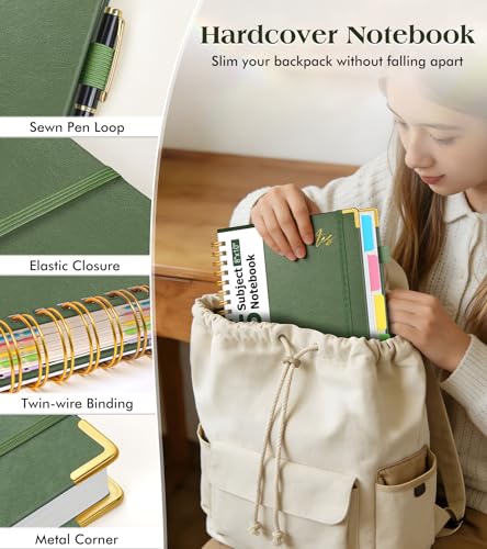5 Subject Spiral Notebook Journal with Removable Dividers Tabs, 300 Pages Organizer Notebooks for Work School, 8"x10" Hardcover Leather Notebook College Ruled, Large Lined Journal for Women Men,Green - color: Sage Green, size: B5