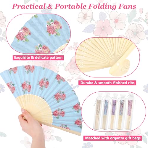 Aodaer 50 Pack Tea Party Favor Floral Printed Hand Fans with Organza Bags Bulk Wooden Storage Box Retro Pattern Paper Handheld Folding Fans for Spring Picnic Bridal Shower Wedding Bridesmaid Gifts - style: Tea Party