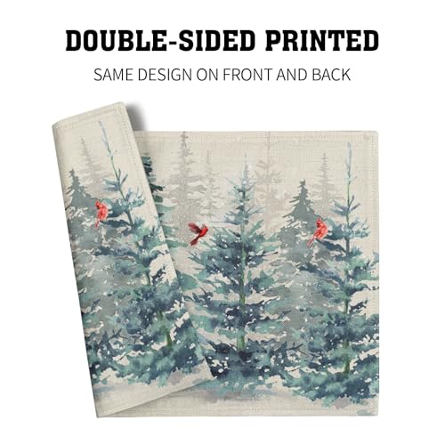 Winter Forest Tree Placemats Set of 4，Pine Tree Christmas Red Bird Heat Resistant Non Slip Place Mats Cotton Linen Tablemats for Dining Table Kitchen Decor 18 x 12 Inch - color: Winter Watercolor Pine Tree