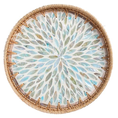 Round Rattan Tray with Mother of Pearl Inlay, Rattan Serving Tray for Coffee, Bread, Fruits, Decorative Wicker Tray for Table Decor, Home Decor, Kitchen Island Decor (Ambilight, 11.8")