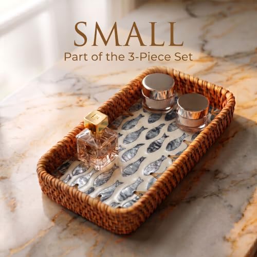 Handwoven Rattan Tray Set of 3 with Mother of Pearl Black Fish Inlay - color: Black Fish