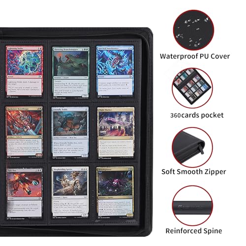 Snekdy premium 360-pocket trading card binder, 9-pocket cards album, waterproof PU-leather Cover with side loading, holds gaming, baseball, basketball & sports cards (Black)