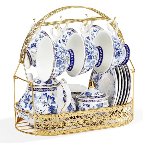 fanquare Porcelain Tea Sets,Blue British Coffee Cups& Saucer Service for 6, with Teapot,Sugar Bowl,Creamer Pitcher and Golden Metal Rack - color: Blue Vine