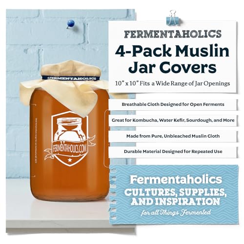 Unbleached Muslin Kombucha Covers - 4 Pack with Rubber Bands - 10" Square Fits Wide Variety Of Jar Openings - Tight Weave Keeps Flies Out - Let's Your Kombucha Breathe - Hand Wash