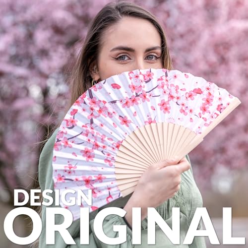 Fisura – Original Sakura Folding Fan, Elegant White Handheld Wooden Fan for Women, Includes Hanger, Perfect for Wedding, Party, Travel or Unique Gift idea - color: Sakura, White