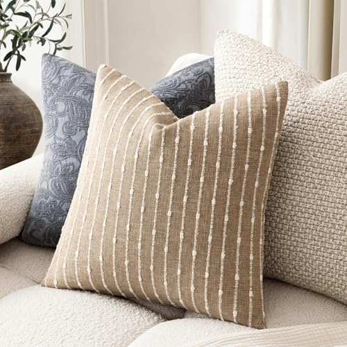 Foindtower Decorative Striped Boucle Throw Pillow Covers 18x18 Inch Camel - color: Camel, size: 18" x 18" (Pack of 2)
