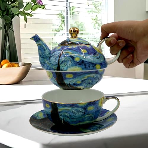 Porcelain 13 OZ Tea for One Teapot and Cup Set Vintage Floral Ceramic Tea Set European Style Tea pot and Saucer Set (Starry Sky) - color: Starry Sky