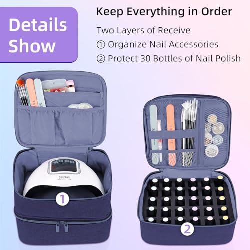 ALSLEA Nail Polish Organizer Holds 30 Bottles (15ml - 0.5 fl.oz) Double-layer Gel Nail Polish Kit Case, Nail Holder for Nail Lamp, Portable Nail Organizer and Storage for Nail Supplies (Blue) - color: Blue, size: 30 slots