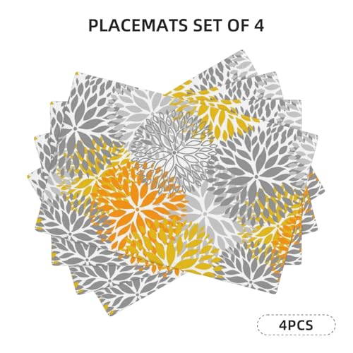 Abstract Yellow Gray Dahlia Floral Placemats Set of 4 12x18 Inch - color: Yellow Gray, size: Set of 4