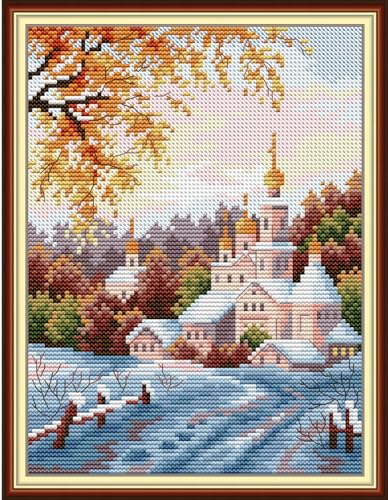 CROSSDECOR Cross Stitch Kits for Adults,Stamped Cross Stitch Kits,DIY Needlepoint Kits for Beginners Counted Embroidery Craft Supplies for Home Décor - Church 7.8×10.6in - color: Church 7.8×10.6in