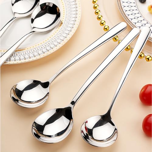 Large Round Soup Spoons Set,Set of 4 Premium 18/10 Stainless Steel Spoons with Long Handles,7.8 Inch Elegance Tablespoon,Dishwasher Safe,Fine Mirror Polished (Silver)