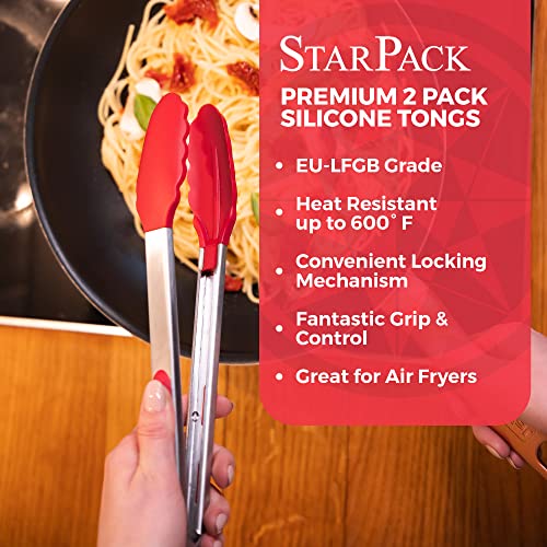 StarPack Premium Silicone Kitchen Tongs Set of 2 (9-Inch & 12-Inch) - Stainless Steel with Non-Stick Silicone Tips, High Heat Resistant to 480°F, For Cooking, Serving, Grill, BBQ & Salad (Cherry Red) - color: Cherry Red, size: Set of 2 (9" & 12")