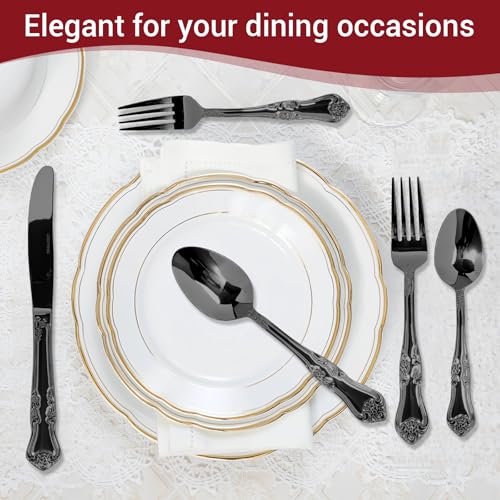 Silverware Set,Stainless Steel Flatware Cutlery Set with Floral Handles,Included Knife Spoon and Fork, Mirror Polished Cutlery Utensil Sets for Home Kitchen Restaurant Wedding, Party - color: Black, size: 20 pieces for 4