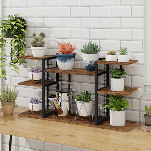 ELITEROO Desktop Shelf Organizer, 4-Tier Wooden Desk Bookshelf, Small Tabletop Book Shelf, Adjustable Display Rack for Home, Office, Dorm, Rustic Brown - color: Brown