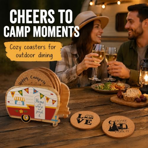 Unique Happy Camper RV Coasters Set of 4 with Holder - color: New Red