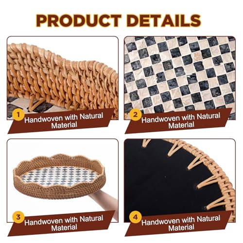 12 Inch Round Rattan Tray Mother of Pearl Inlay, Plaid Style - style: Plaid Style