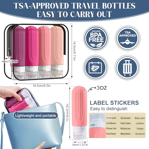 Travel Bottles for Toiletries, 3oz TSA Approved Travel Size Toiletries, Silicone Leak-Proof Refillable Containers, Squeezable Liquid Essentials Bottles W/Clear Bag (RED) - color: RED