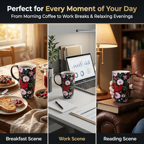 Topadorn 17oz Ceramic Coffee Mug with Lid, Cardinal Bird Floral Cup - color: Bird & Floral