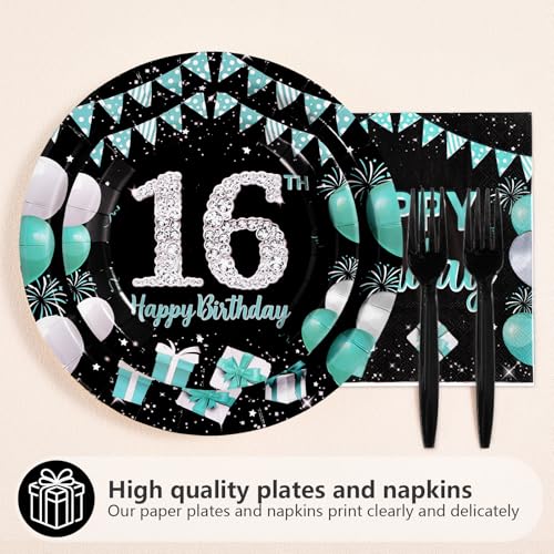 96Pcs 16th Birthday Party Supplies Teal Blue and Black Serves 24 - style: Peacock Blue Black 16th Birthday
