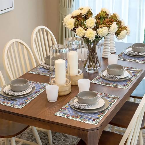 Chinoiserie Blue Floral Placemats Set of 4, Vintage Washable Heat Resistant Linen Fabric Rectangle Place Mat, Spring Summer Seasonal Table Mats for Kitchen Party Dining Table Decoration - color: Blue Flower