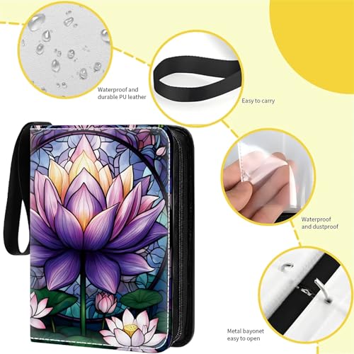 Card Binder 400 Pockets, 50 Sleeves Large Binder Trading Cards Holder 4 Pocket, Storage Organizer, Album Folder Case Protector Collector Gift Lotus Flower Purple Rose Glass - color: Lotus Flower Purple Rose Glass, size: 4 Pocket